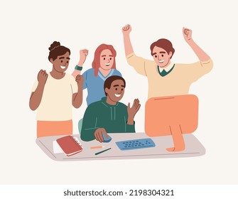 Grupo de personas, empleados celebrando la victoria, éxito en el trabajo. Triunfo, concepto ganador. Gente con expresiones felices. Emociones de deleite. Ilustración vectorial plana.