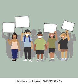 Group of people with empty banner concept. Young men and women volunteers or activists participate in parade or rally. Characters holding editable advertising poster. Cartoon flat vector illustration.
