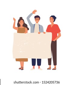 Group of people with empty banner flat vector illustration. Young students holding blank paper with place for text. Male and female smiling cartoon characters isolated scene.