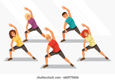 Group of people is engaged in aerobics in the gym. Fitness and weight loss. Healthy lifestyle. Vector illustration