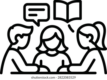 Group of people engaged in discussion with open book and speech bubble icons
