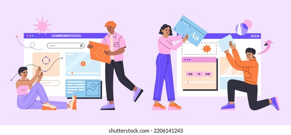 Group of people are engaged in web design of websites and mobile apps. UI, UX design, interface creating. Hand drawn color vector illustration isolated on purple background, modern flat cartoon style.