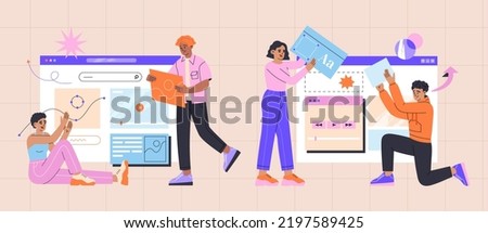 Group of people are engaged in web design of websites and mobile apps. UI, UX design, interface creating. Hand drawn vector illustration isolated on light background, modern trendy flat cartoon style.
