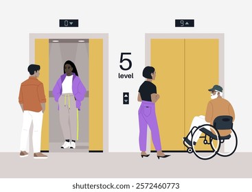 A group of people engages in conversation in an elevator hall, patiently awaiting their turn as they prepare to reach their floor, Various ages and interactions highlight social dynamics