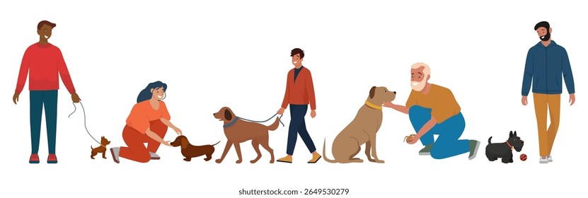 Group of people engaging with their dogs in various activities. Includes walking, playing, and petting, capturing a harmonious human-animal interaction in a vector illustration.