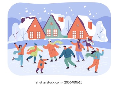 Group of people enjoying Christmas holidays on ice rink. Flat vector illustration. Adult characters and children skating outdoors, having fun. Family, winter sports, entertainment concept