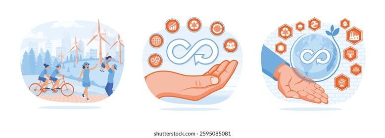 A group of people enjoying the clean air in the city.Hand-holding circular economy icon. Businessman hand holding circular economy icon. Natural resources concept. Set flat vector illustration.