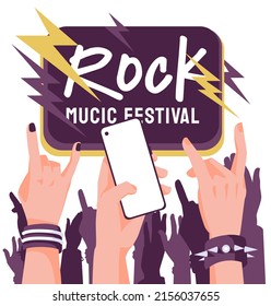 Group of people enjoying a concert or show at a party, holding a mobile phone, making rock finger gestures. Flat vector illustration of flyer design, poster for event, festival