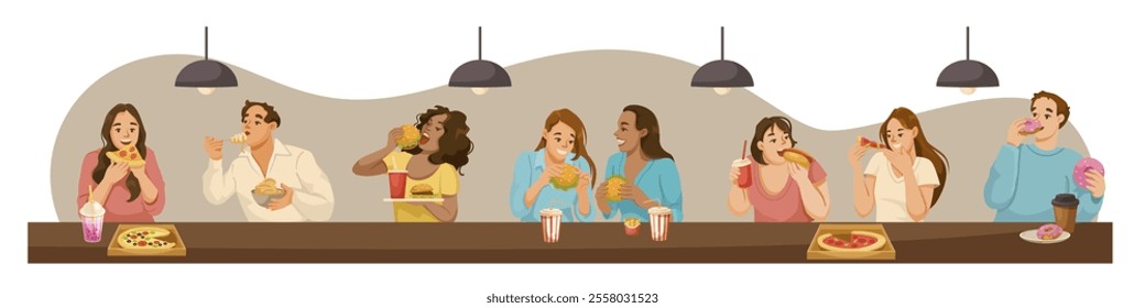 Group of people enjoying fast food at restaurant counter. Vector illustration