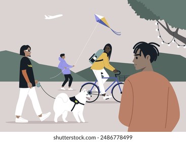 A group of people enjoying a leisurely stroll through the park while walking a dog on a leash