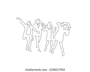 Group of people enjoying snow line art drawing style. Composition of a winter scene. Black linear sketch isolated on white background. Vector illustration design.