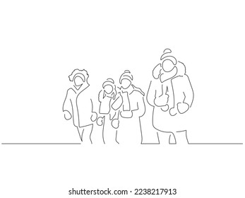 Group of people enjoying snow line art drawing style. Composition of a winter scene. Black linear sketch isolated on white background. Vector illustration design.