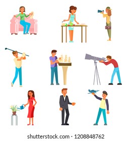 Group of people enjoying their hobbies vector flat illustration. Embroidery, cooking, photography, sport, model ships and airplanes, astronomy, flower gardening, karaoke.