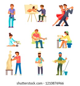 Group of people enjoying their hobbies vector flat illustration. Photography painting, dancing, playing guitar, bonsai, sewing, sculpting, cake making and decorating, fishing.