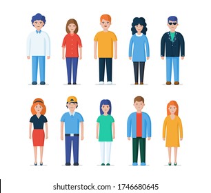 Group of people in everyday casual clothes. Young guys and girls characters. Men and women flat vector illustration