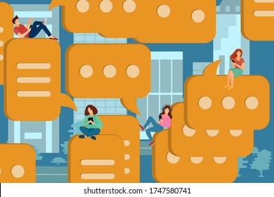 A group of people exchange messages on the Internet. The concept of modern communication in the city. The guy and the girl write their opinion in the messenger. Vector in a flat style.