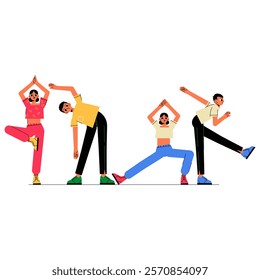 Group Of People Exercising Together In Flat Vector Illustration Symbolizing Fitness, Teamwork, And Active Lifestyle, Isolated On White Background.