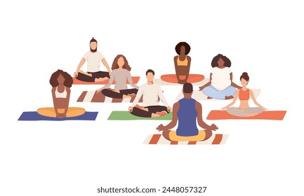 Group of people exercising together. Men and women are sitting in lotus asana during yoga class with teacher. Vector illustration isolated on the white background