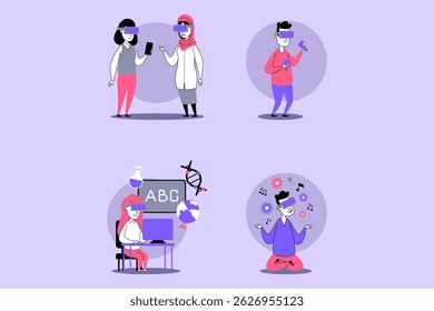 Group of people exploring virtual reality through various activities. Some interacting with VR headsets, while others learning and meditating, showcasing diverse applications of technology