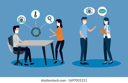 group people with face mask and covid 19 icons vector illustration design