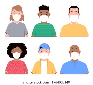 Group of people in face masks. Men and women wearing medical masks to prevent disease. Flat vector illustration