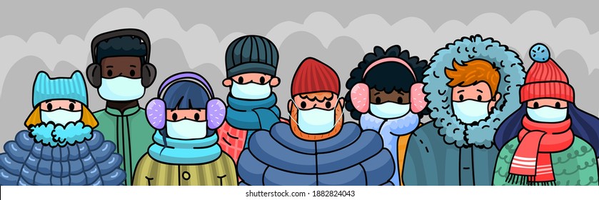 Group of people in face medical masks and in winter clothes. Stay safe and warm concept. Seasonal illustration for your design.