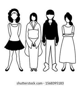 group of people faceless with different poses on white background vector illustration design