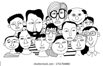 Visages - a dessiné à la main une foule de nombreux hommes de différentes cultures. Illustration vectorielle de style Doodle