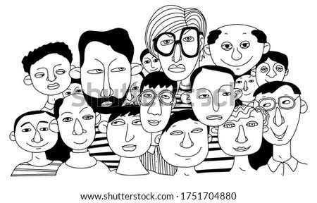 Group of people. Faces - hand drawn a crowd of many different men from diverse cultural. Doodle style vector illustration