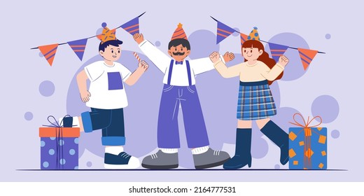 Group of people in family, father, son and daughter with party  in cartoon character, vector illustration