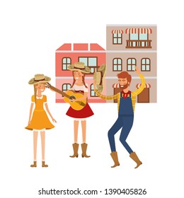 group of people farmers dancing with background houses