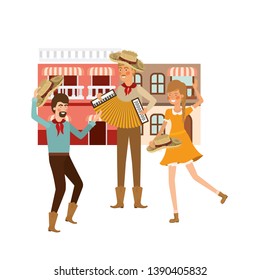 group of people farmers dancing with background houses