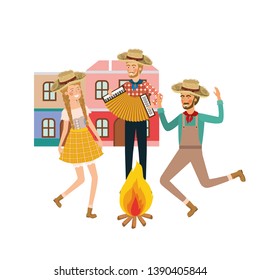 group of people farmers dancing with background houses