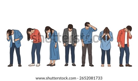 Group of people feeling sick and distressed with heads down in pain and discomfort