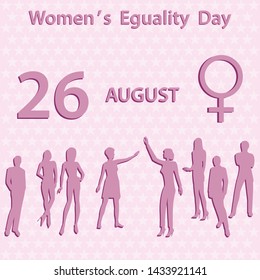 Group of people and female symbol - star pink background - vector. US - banner, august 26. Women's Equality Day