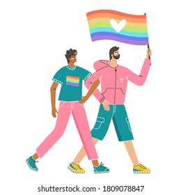 Group of people with flag taking part in demonstration. Colorful vector characters on pride parade. Gay, lesbians, lgbtq, bisexual activists in flat style. 