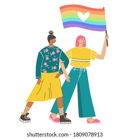 Group of people with flag taking part in demonstration. Colorful vector characters on pride parade. Gay, lesbians, lgbtq, bisexual activists in flat style. 