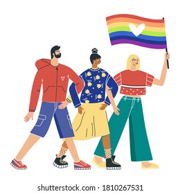 Group of people with flag taking part in demonstration. Colorful vector characters on pride parade. Gay, lesbians, lgbtq, bisexual activists in flat style. 