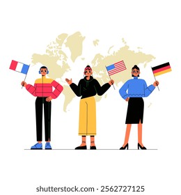 Group Of People With Flags In Flat Vector Illustration Symbolizing Global Unity, Multiculturalism, And National Pride, Isolated On White Background