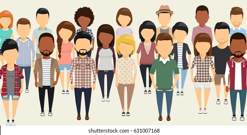 A group of people in flat style. Different ethnically. Different clothes and hairstyles. Depicted without faces.