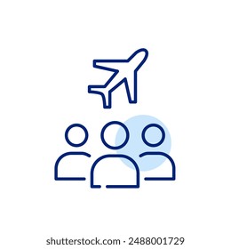 Group of people flight and airplane. Traveling together, collective adventures. Pixel perfect, editable stroke icon