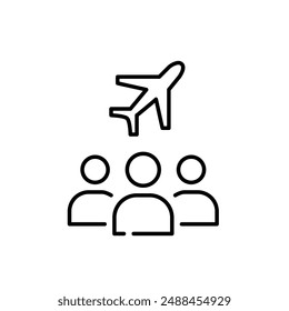 Group of people flight and airplane. Traveling together, collective adventures. Pixel perfect vector icon