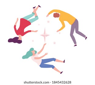 Group of People Floating in Imagination Dreams, Male and Female Person Flying in Dreams or Sky Wearing Casual or Sleepwear Clothes Flat Style Vector Illustration