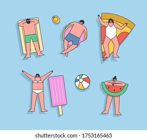 Group of people floating on inflatable mattresses in swimming pool or sea enjoy summer recreation. Top view of cartoons in swimsuits sunbathing relaxed during vacation. Flat vector illustration