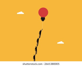 group of people fly in a light bulb balloon