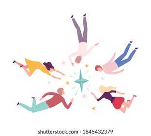 Group of People Flying to the Stars, Men and Women Floating in Dreams or Sky Wearing Casual or Sleepwear Clothes Flat Style Vector Illustration