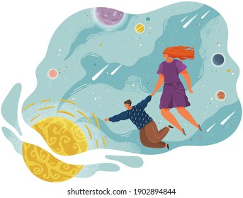 Group of people flying to the stars in space with planets. Couple man and woman floating in imagination dreams holding hands. Male and female person flying in sky with stars wearing casual clothes