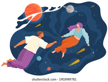 Group of people flying to the stars in space with planets. Couple man and woman floating in imagination dreams. Male and female person flying in sky with stars wearing casual clothes flat style vector