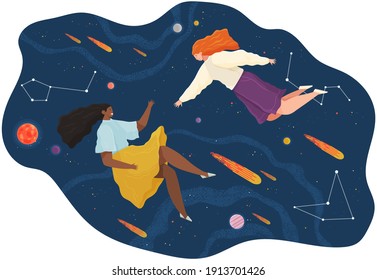 Group of people flying to the stars in space with planets. Two women girlfriends floating in imagination dreams. Cartoon female person flying in sky with stars wearing casual clothes flat style vector