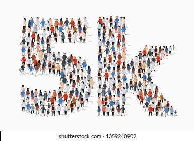 Group of people in form of 5k sign. Five thousand followers. Vector illustration